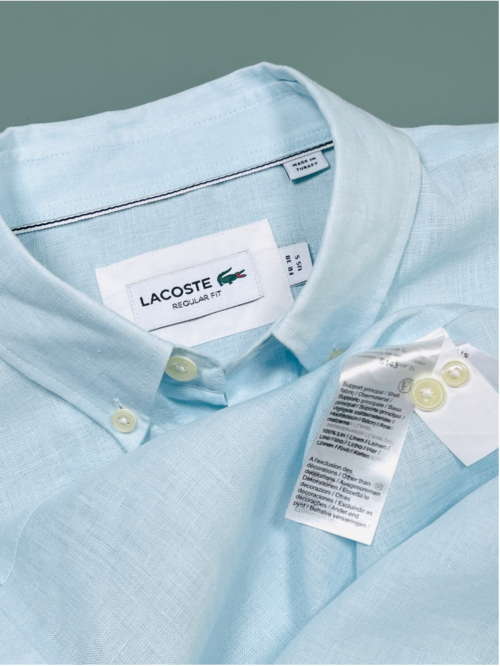 Lacoste Mens Shirt Linen Short Sleeve Button Down Shirt Light Blue Size S - Picture 2 of 5